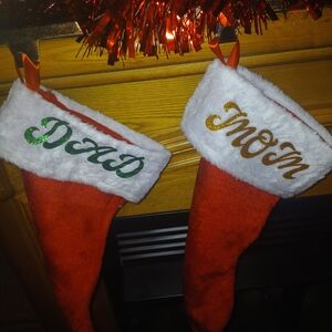 Hand Crafted Red and White Christmas Stockings with Gold and Green Accents